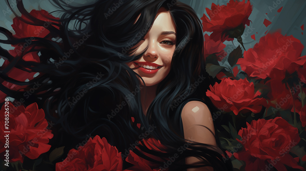 Beautiful woman with red peonies.