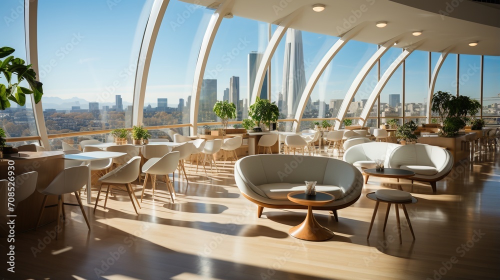 Modern restaurant interior with city view