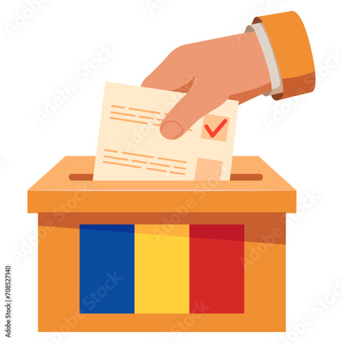 Elections to the Romania.Flag of Romania.Hand voting ballot box icon.Hand putting paper in the ballot box.Vote icon.Voting concept.
