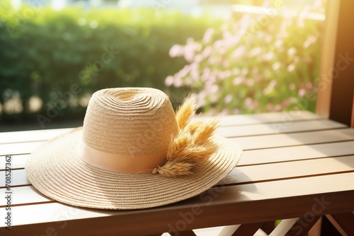 A straw hat lying on a summer terrace on a sunny day