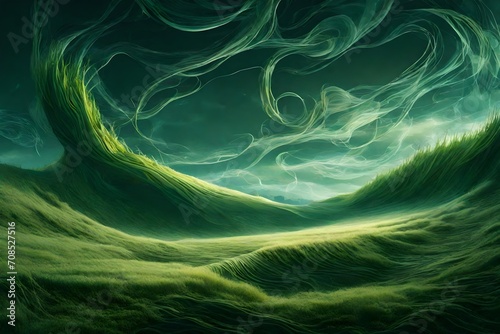 A surreal dreamscape with waves of grass bending and curving like a liquid surface, creating a mesmerizing and otherworldly atmosphere.