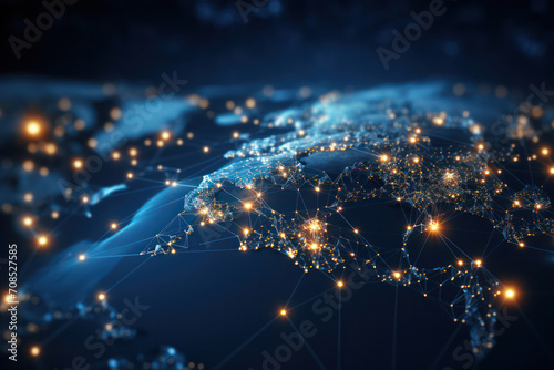 World Connections: Illuminated Digital Network Map on Earth's Surface