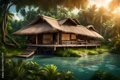 A riverside bungalow with a thatched roof, surrounded by tropical vegetation. © pick pix
