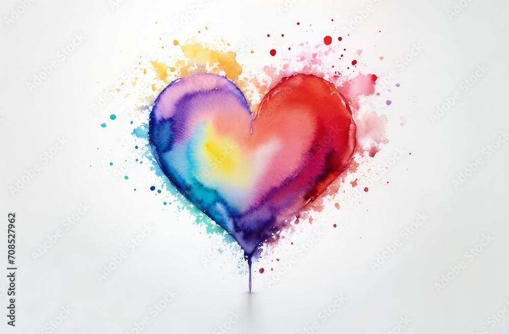 watercolor multicolors heart, cute love texture on white background