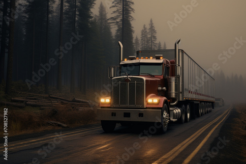 truck on the road American with trailer and logs created using generative Ai tools  