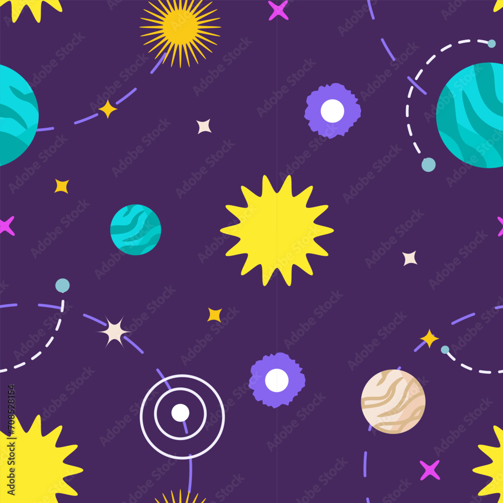 Seamless patterns with planets, stars and asteroids. Vector space illustration