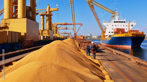 Loading of grain into the holds of a marine cargo ship at the seaport. Grain deal between the countries, wheat export and import. Agriculture, economics concepts.