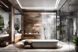 A spa-like bathroom featuring a ceiling-mounted rain shower and soothing recessed lighting