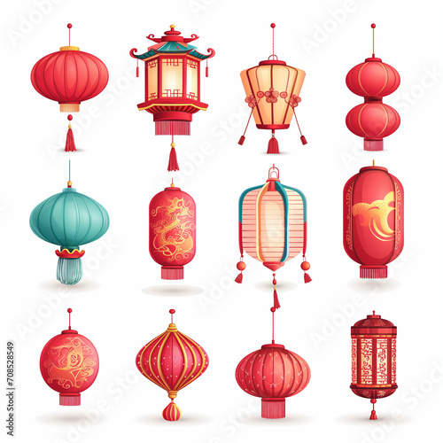 Vector set of Chinese New Year icons, featuring paper lanterns and red lamps. Illustrations depict Asian Lunar New Year holiday decorations, reflecting the richness of Oriental cultural traditions