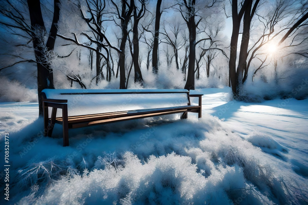 A wooden bench covered in a thin layer of frost, surrounded by untouched snowflakes, inviting a quiet moment of reflection.