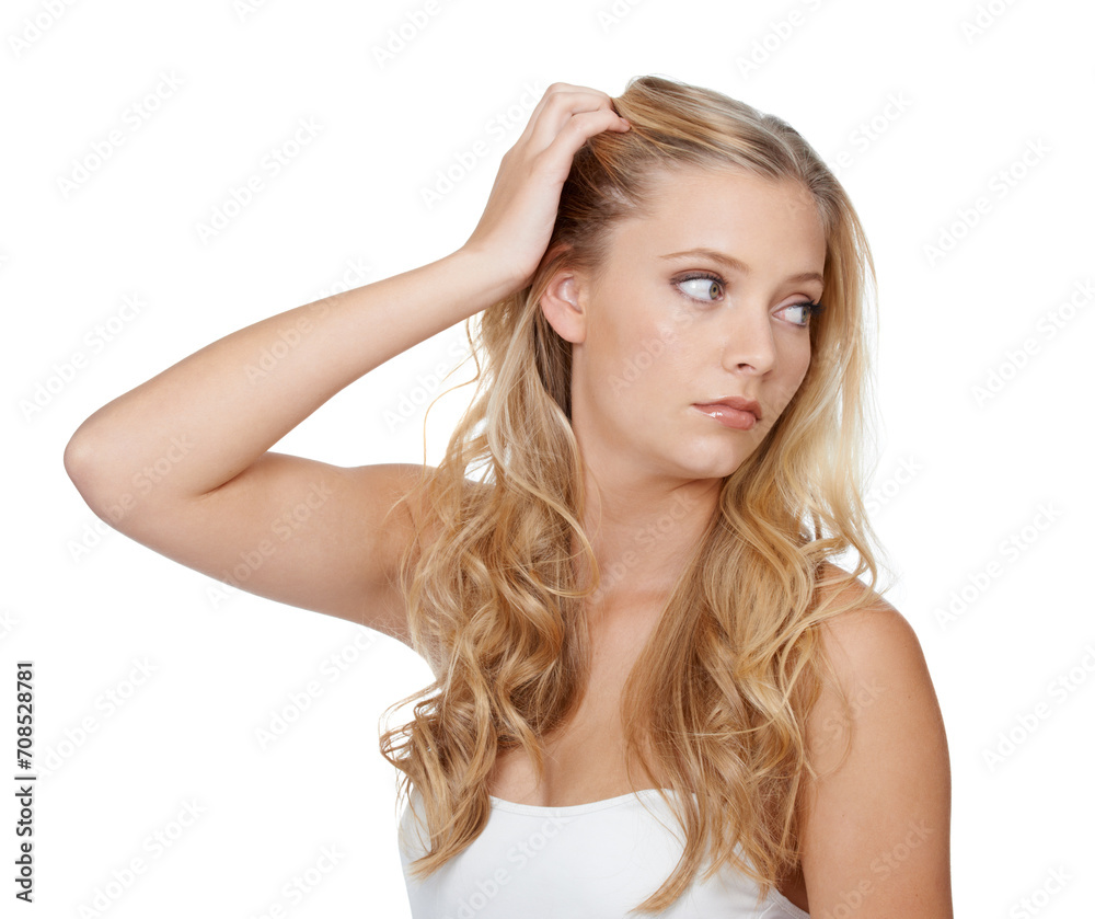 Woman, thinking and beauty with shampoo in studio for hair care, keratin treatment and cosmetics shine. Model, person and confidence with skincare, collagen texture and hairstyle on white background Woman, thinking and beauty with shampoo in studio for hair care, keratin treatment and cosmetics shine. Model, person and confidence with skincare, collagen texture and hairstyle on white background