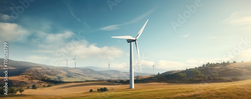 Wind turbine in beautiful landscape, production of clean and renewable energy, renewable and green energy concept.