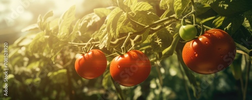 Beautiful ripe tomatoes on branch in amazing sunny garden