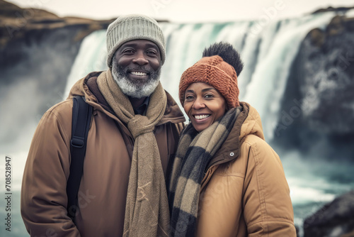 Middle-aged African couple on the background of waterfall.