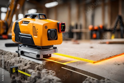 A close-up image of a state-of-the-art laser level in action, projecting a perfectly straight line across a construction site.