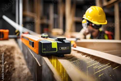 A close-up image of a state-of-the-art laser level in action, projecting a perfectly straight line across a construction site.