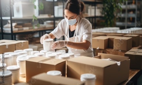 Man packing packages with products, prepares packages for transport company