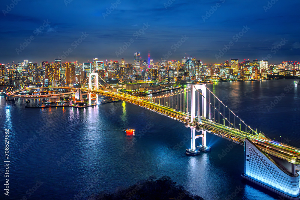 Aerial view of Tokyo cityscape and rainbow bridge at night, Japan.