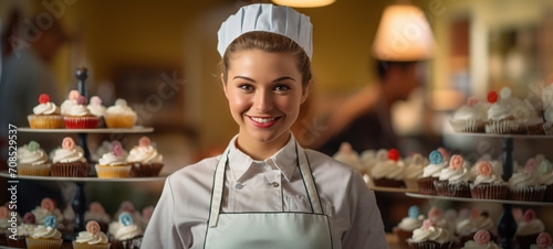 Girl pastry chef in pastry hat and pastry chef uniform, generative AI