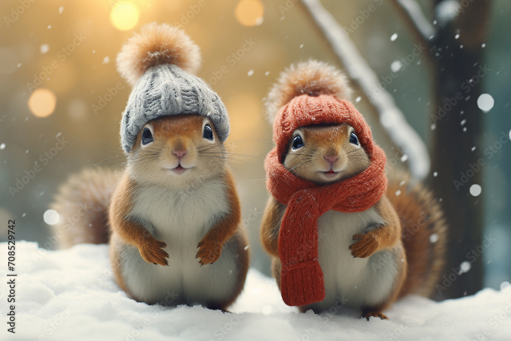 Obraz premium two christmas squirells wearing hats and scarves created using generative Ai tools 