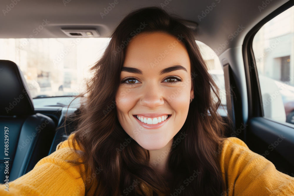 In-Car Radiance: Brunette's Selfie Glow