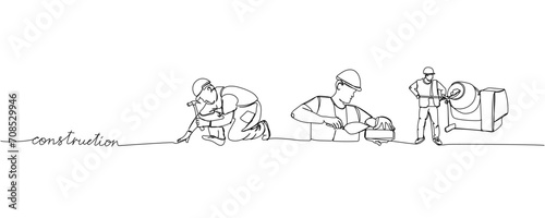 Construction set, builder picking up concrete from a concrete mixer one line art. Continuous line drawing of repair, people, concept, support, maintenance with inscription, lettering, handwritten.
