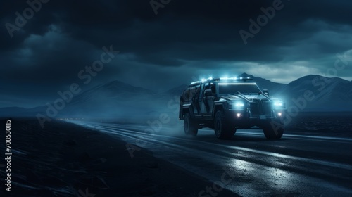 Electric car SUV night road. Neural network AI generated art photo