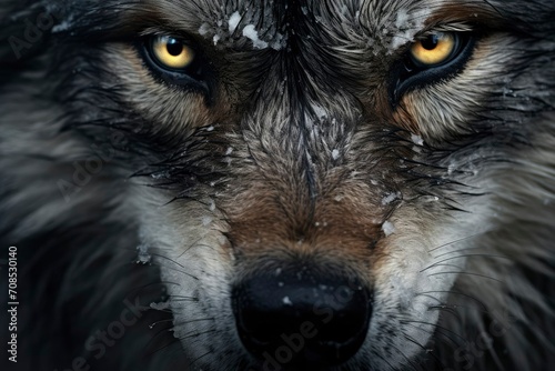 Banner with close-up portrait of a gray wolf with brown eyes and nose