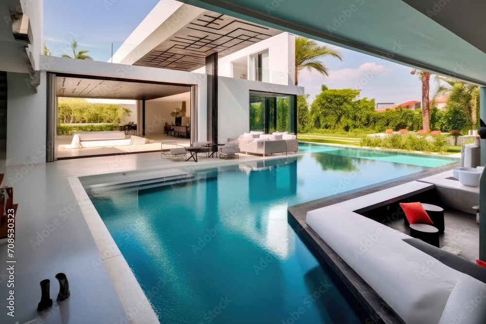 Fototapeta premium Travertine Elegance: Modern Villa with Sunken Sofa and Cityscape