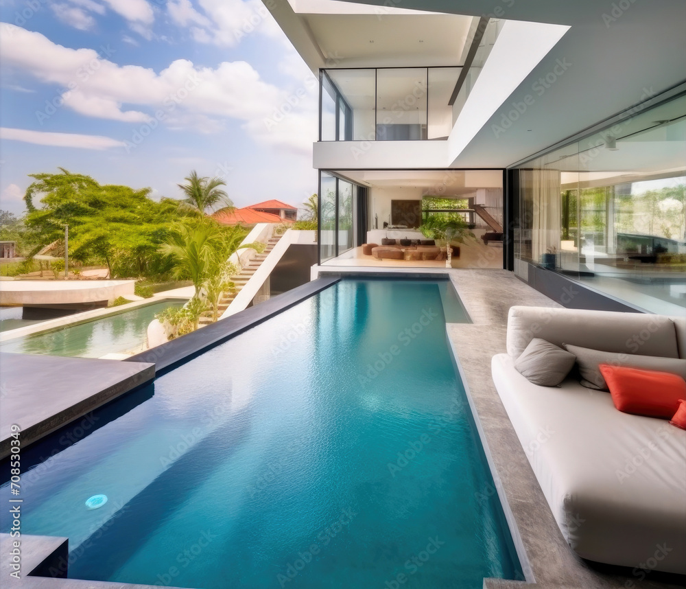 Fototapeta premium Architectural Elegance: Flat Roof Villa with Sunken Seating and Pool