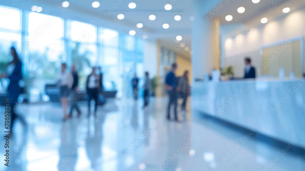 A busy reception area in a corporate office, business situation in the office, blurred background, with copy space