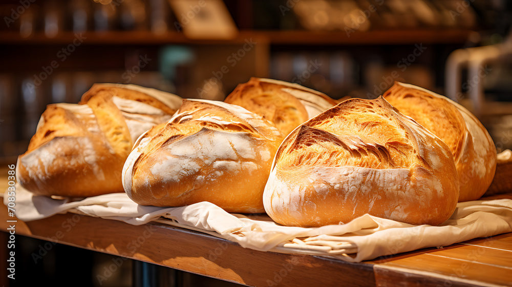Fresh bread with golden crust on store shelves