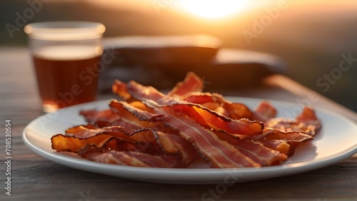 Crispy bacon strips on a plate against morning sunrise, background image, generative AI