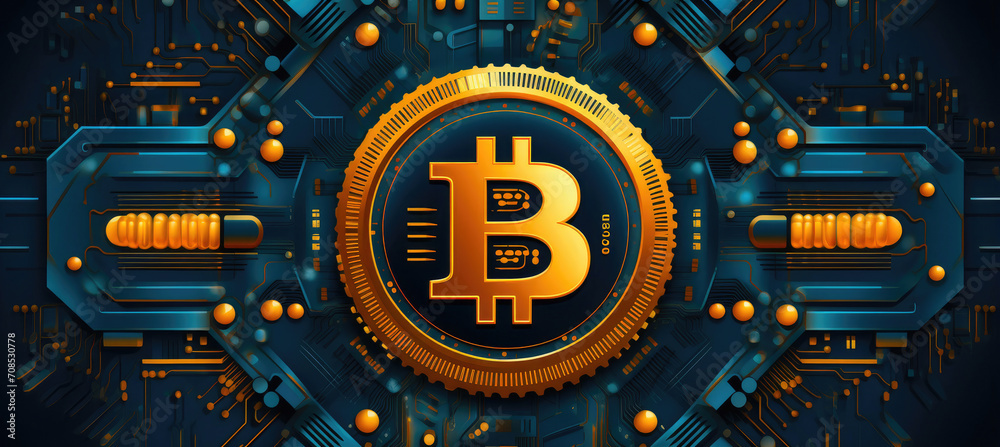 Fototapeta premium Cryptic Depths: Exploring Blockchain and Bitcoin on a Dark Blue Canvas