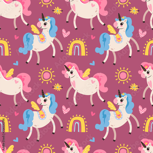 Seamless patterns with cute magical unicorns and rainbows. Vector illustration