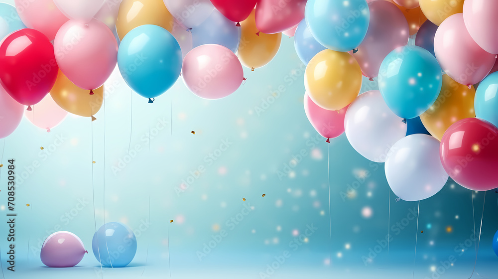 Holiday celebration background with balloons, golden sparkling confetti and ribbons