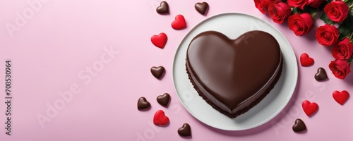 Heart shaped chocolate pie on white plate. Peanut cake with chocolate topped on pink background. Romantic love concept. Valentine's day, Mother's Day, Birthday Cake card. Valentines day background