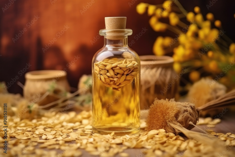 A small glass bottle with a cork stopper with sesame oil A small glass bottle with a cork stopper with sesame oil