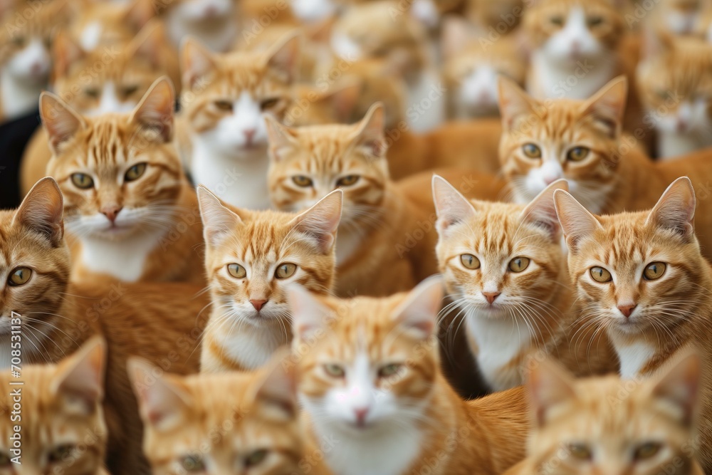 Many copies of exactly the same ginger cat copy cat concept