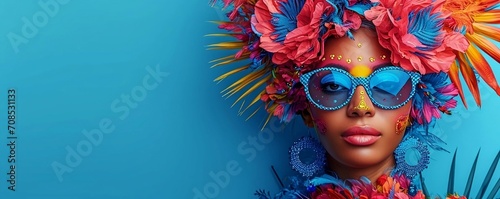 Celebrate the vibrant spirit of Brazil Carnival with this flat, bright illustration featuring a Latin woman in traditional costume. Perfect for banners, flyers, or posters with customizable text space