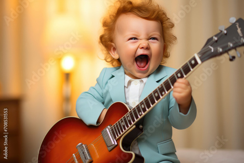 Adorable Infant Serenading with Guitar