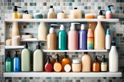 A close-up of a neatly organized shower shelf filled with colorful shampoo and soap bottles.