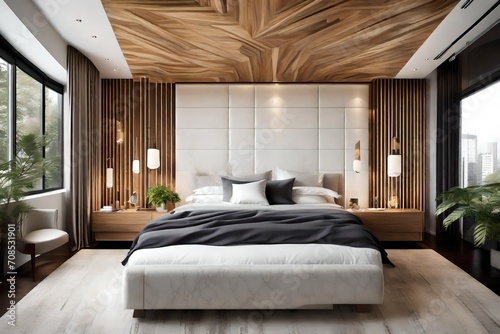 A contemporary bedroom with a ceiling that extends seamlessly into a headboard design