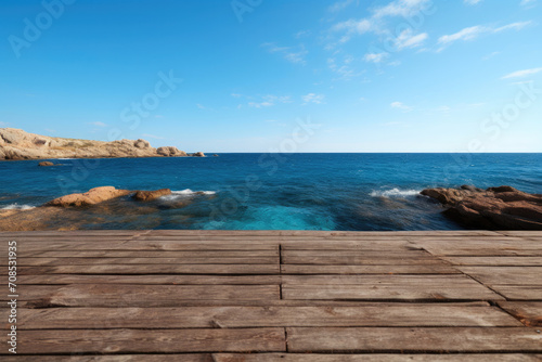 Horizon Haven: Texture-Rich Wooden Table by the Sea