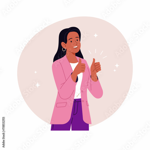 Basic RGB Successful businesswoman. Vector cartoon flat illustration of young smiling woman in business suit with thumbs up. Isolated on the background.