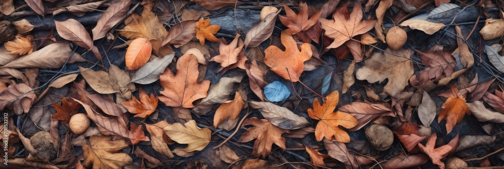 Dry leaves and twigs are scattered around on the ground, large scale, top view, detailed texture.