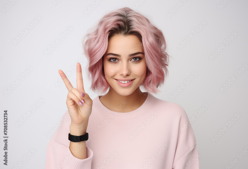 Young beautiful brunette woman with pink hair and wearing a pink sweater smiling and showing peace sign isolated on white background Young beautiful brunette woman with pink hair and wearing a pink sweater smiling and showing peace sign isolated on white background