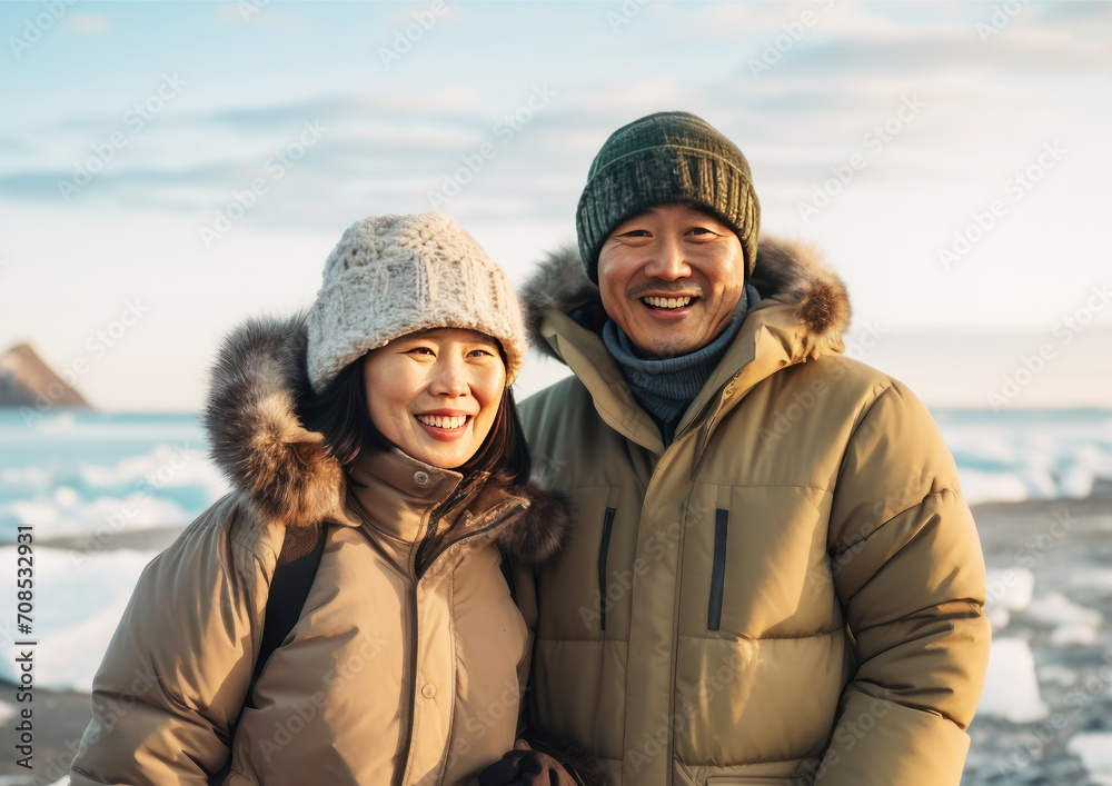 Middle-aged asian couple is standing in warm jackets and hats outdoors