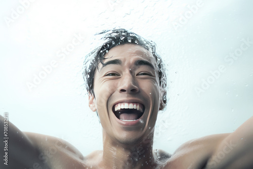 Close-up male portrait of a young attractive asian man laughing and splashing water