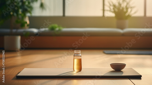 Minimalist Yoga Sanctuary, tranquil yoga space set for practice, featuring a mat, tea, and serene morning light casting a warm glow